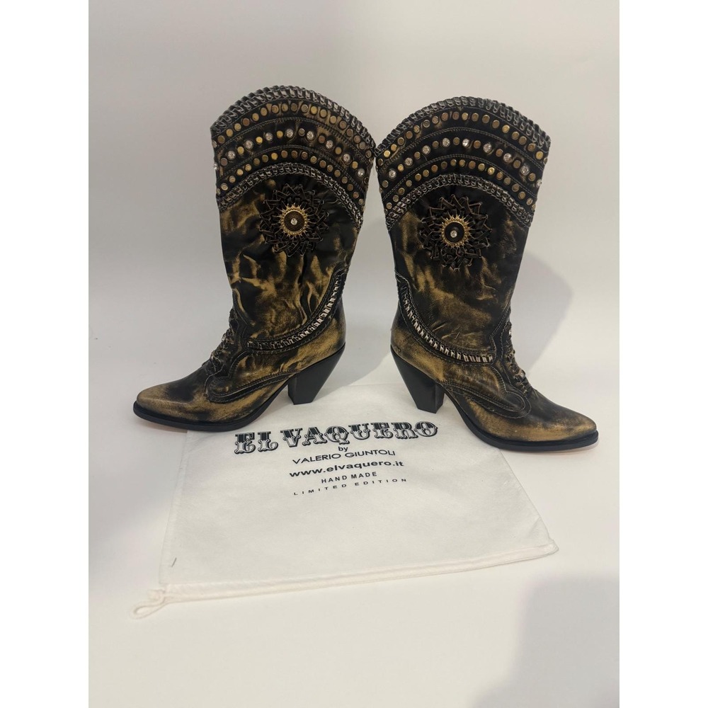 El‎ Vaquero Western Cowboy Boots Studded Metallic Gold Leather Italy EU 37 US 7